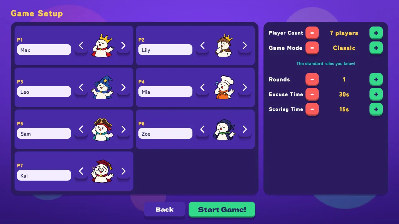 Lobby: 2–8 players pick their characters